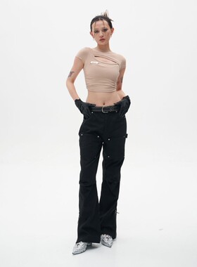 SFTTR 22SS 镂空紧身短款显瘦辣妹 吊带背心BM露脐女装短袖T
