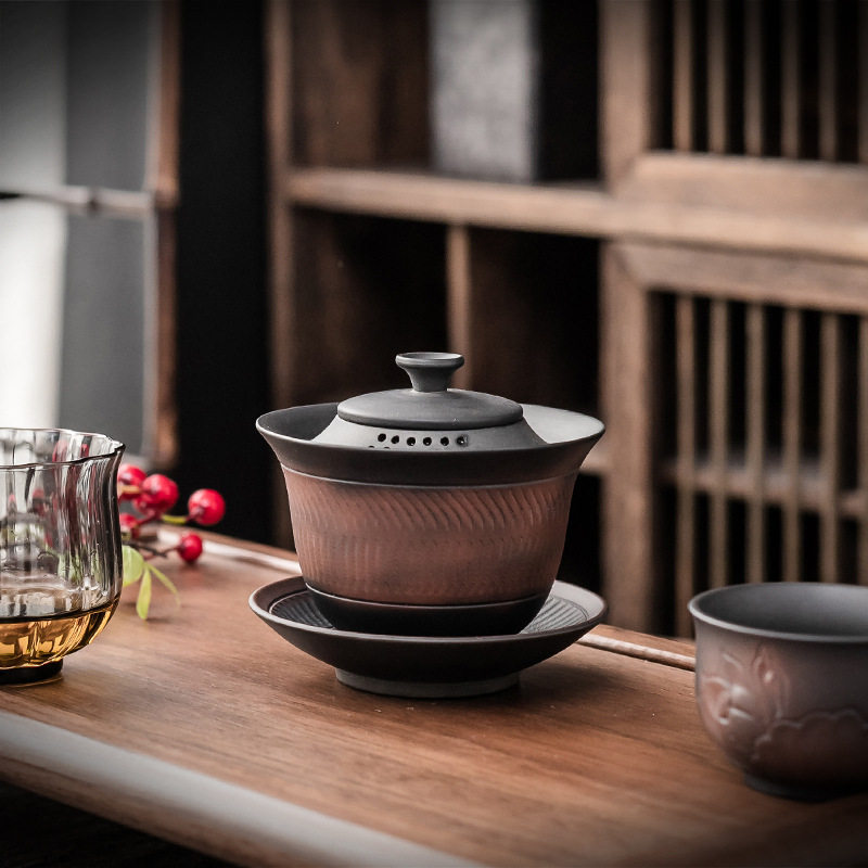 批发紫陶茶具三才盖碗茶杯带盖单个高档功夫泡茶茶碗陶瓷大号家用
