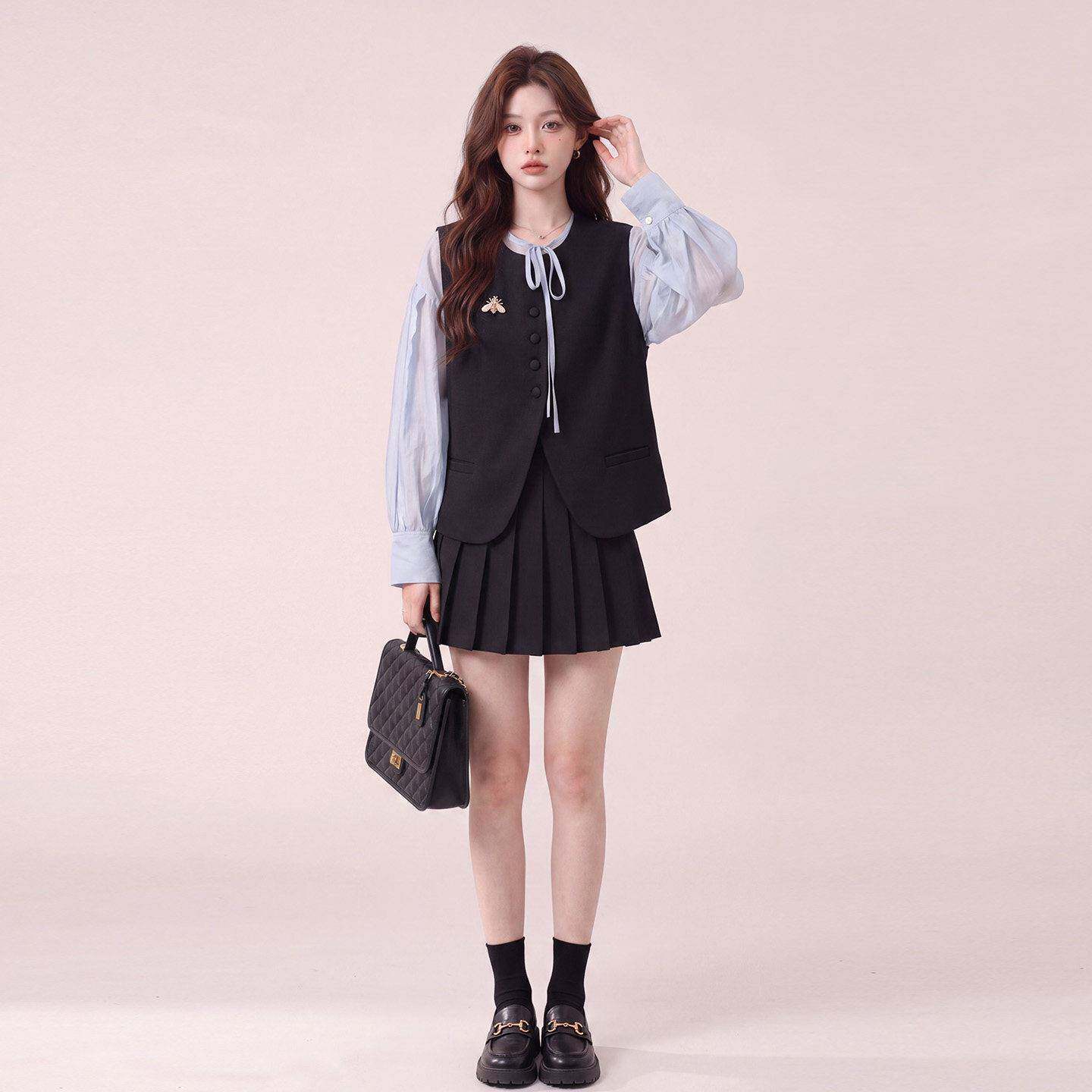 套小个子院学风三件XMJ女2026早秋新款韩版褶气质马甲衬衫百短裙