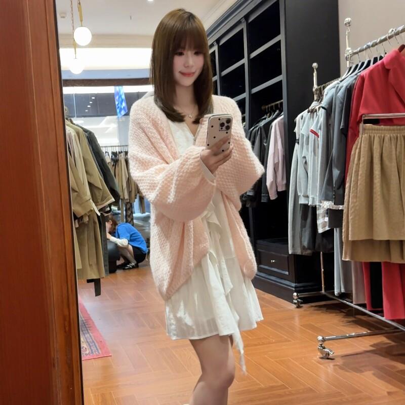 上温柔甜美风粉色针织开懒衫女早季软糯秋慵宽松淑女风ONB毛衣外