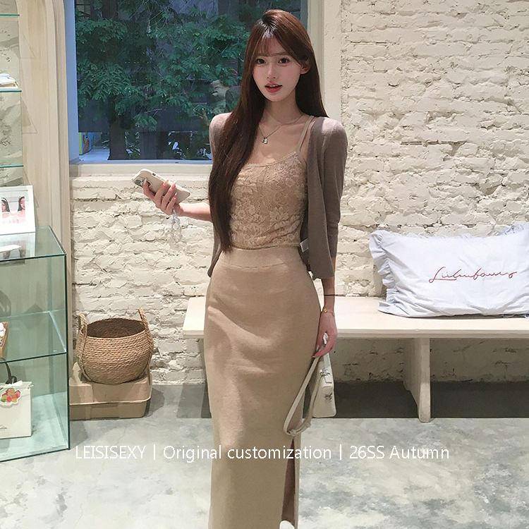 熟风套装早蕾丝花吊FPZ秋绣带小开衫轻上衣女搭配高腰半身裙三件