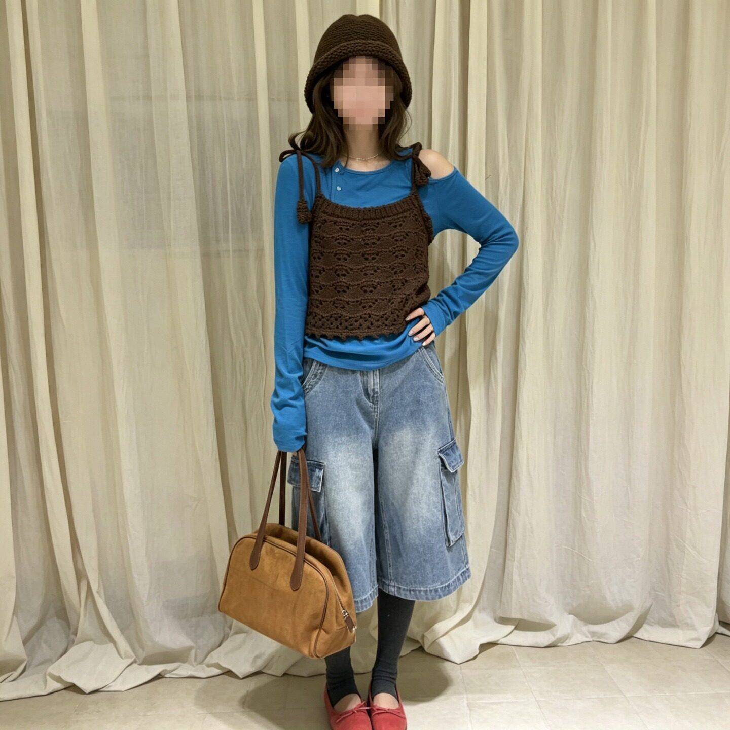 件(有货)韩系蓝两色长袖NZRT恤背心套女春季早叠穿小个子秋套装