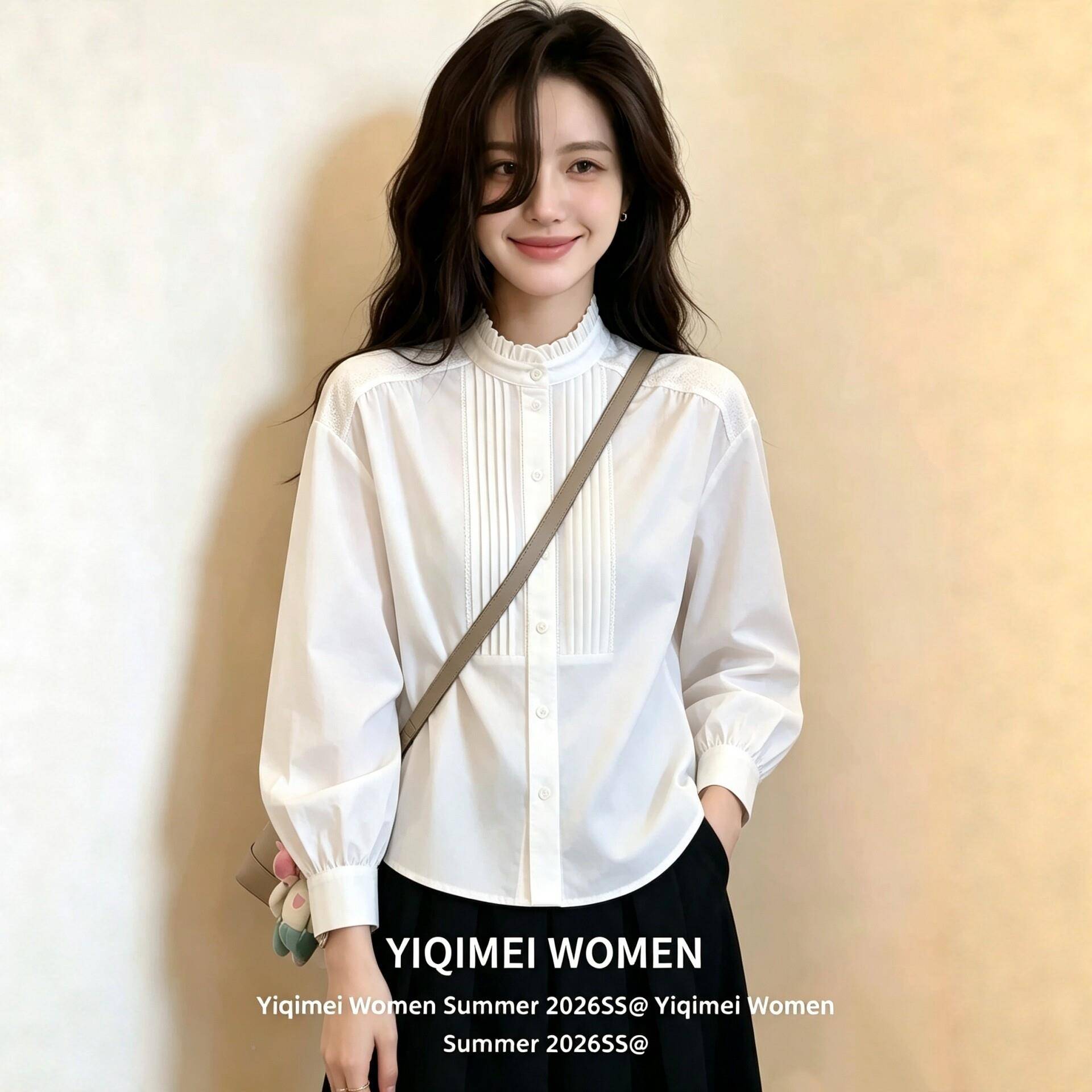 色立领长显袖衬衫女YQM20260款秋季法式木耳白巨边好看宽松瘦女士
