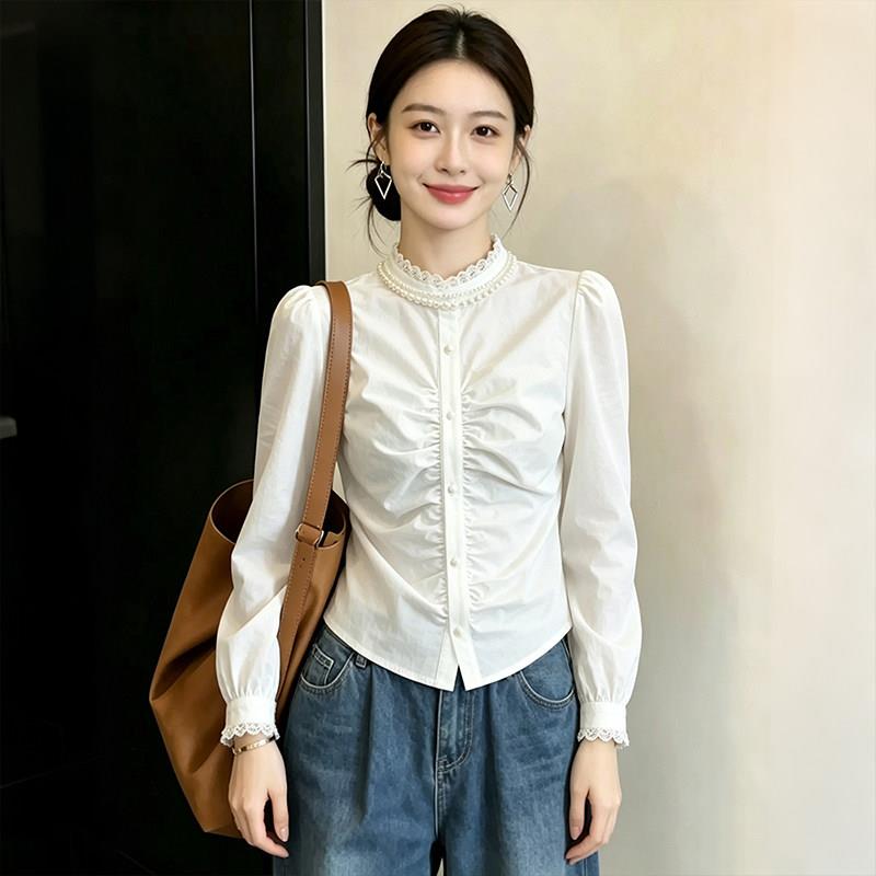 韩系接蕾丝花边立长袖白色衬衫子女202领6新款早拼秋修身REW小个