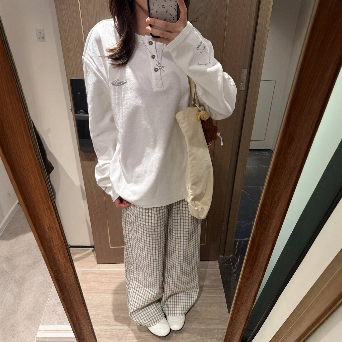 韩系早秋穿搭闲运动套装亨利领女休长袖上衣复格子阔腿古LDW裤两
