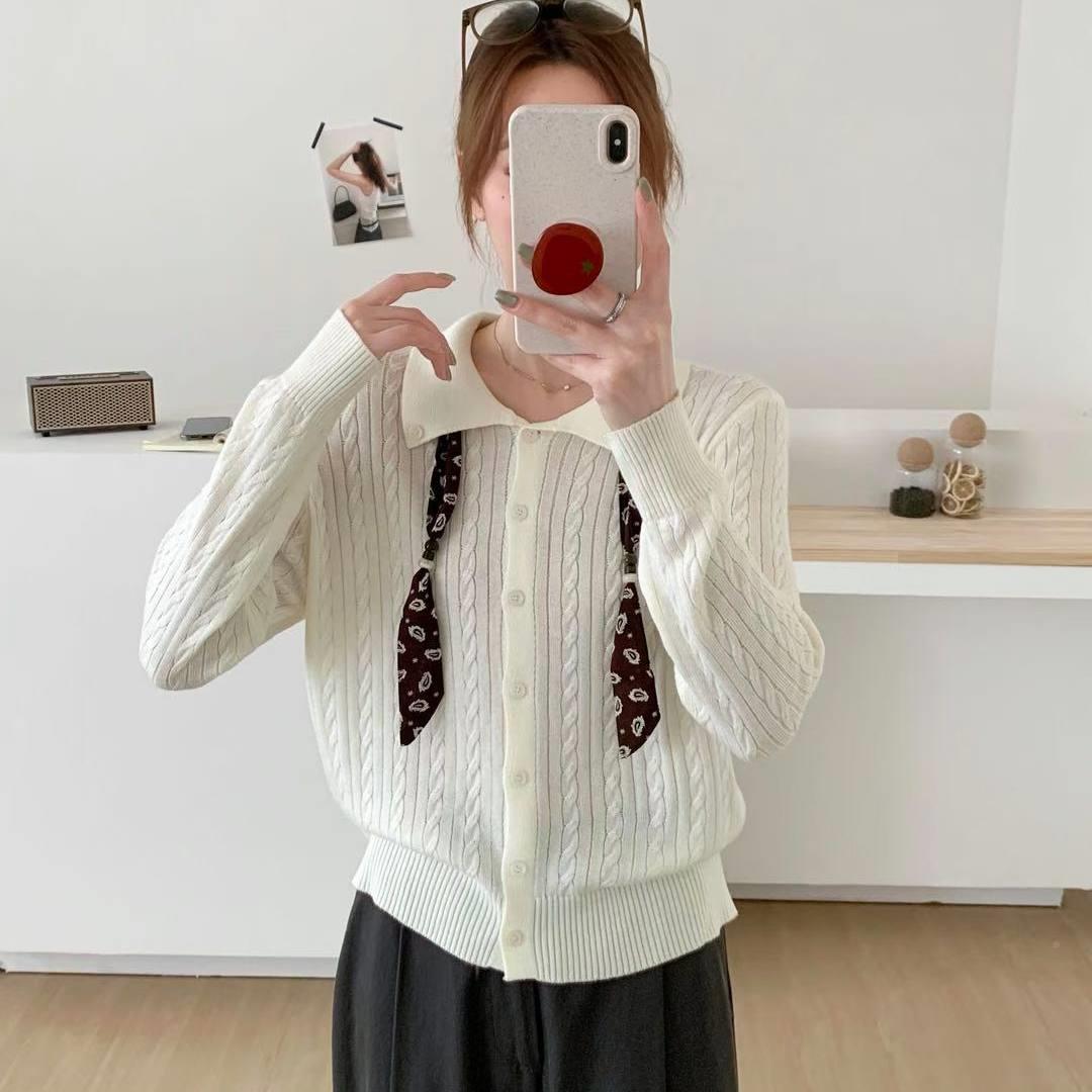 韩系pol丝o翻领巾装花饰麻TQO针织开衫早秋女长袖高级感洋气减龄
