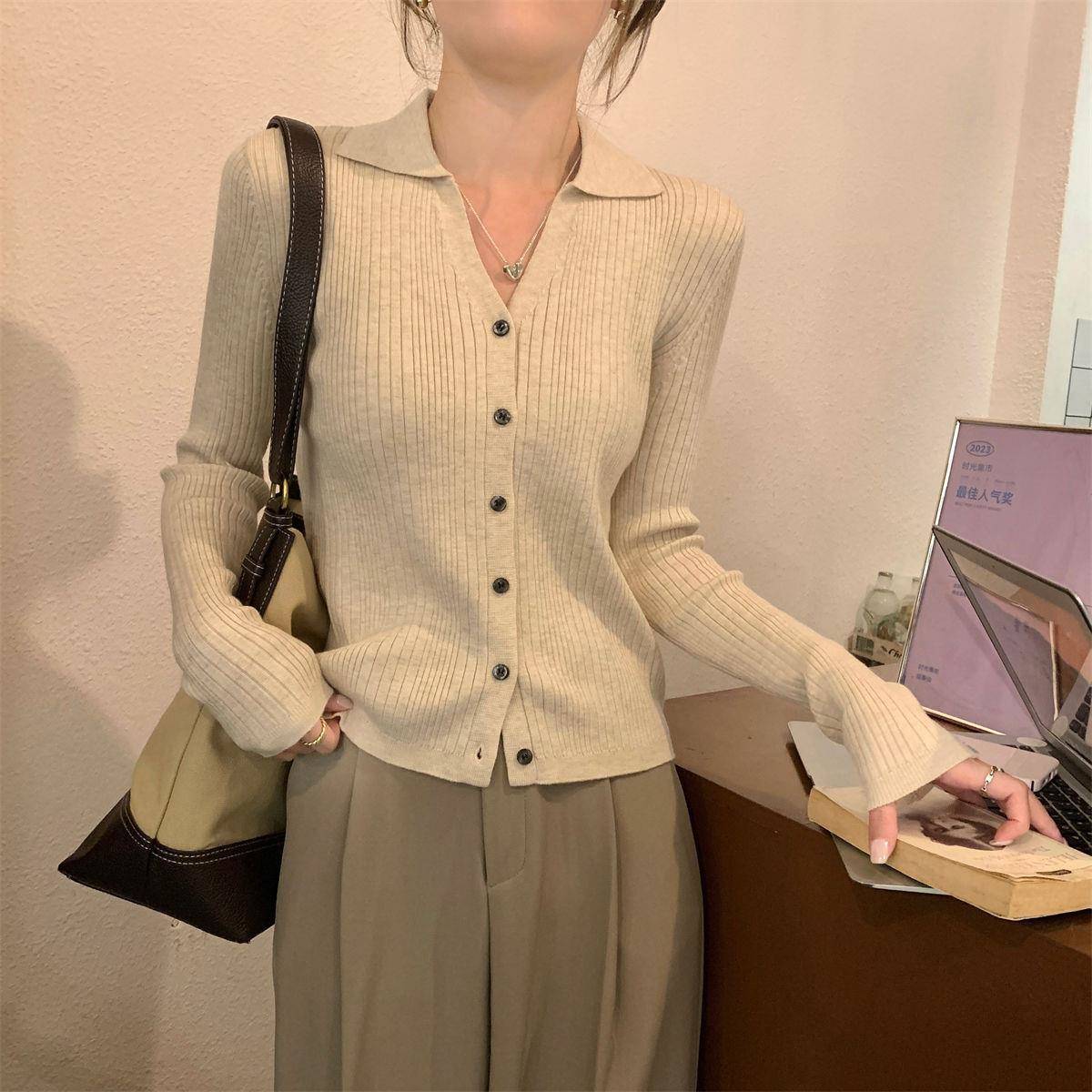 韩版chc针i织开衫袖Polo领长女2026早秋女装毛外RUI套修身打底衣