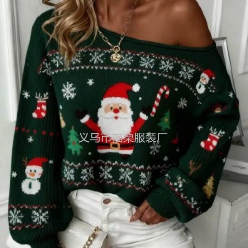 欧美独立站圣诞节数码印花女士时尚圆领斜肩宽袖卫衣防毛衣