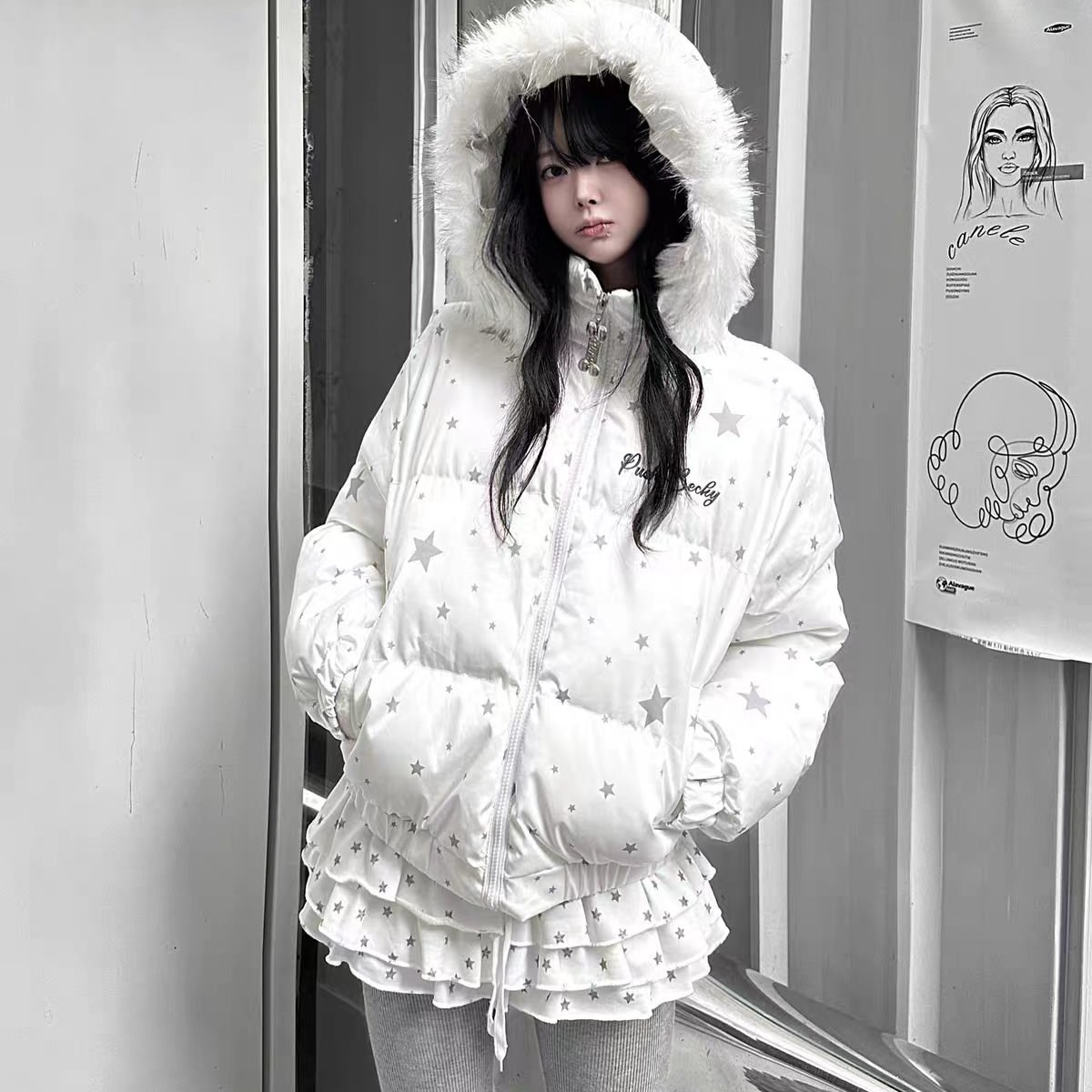 咖喱人冬季可爱星星印花毛领连帽棉服外套女新款加厚保暖上衣学生图片