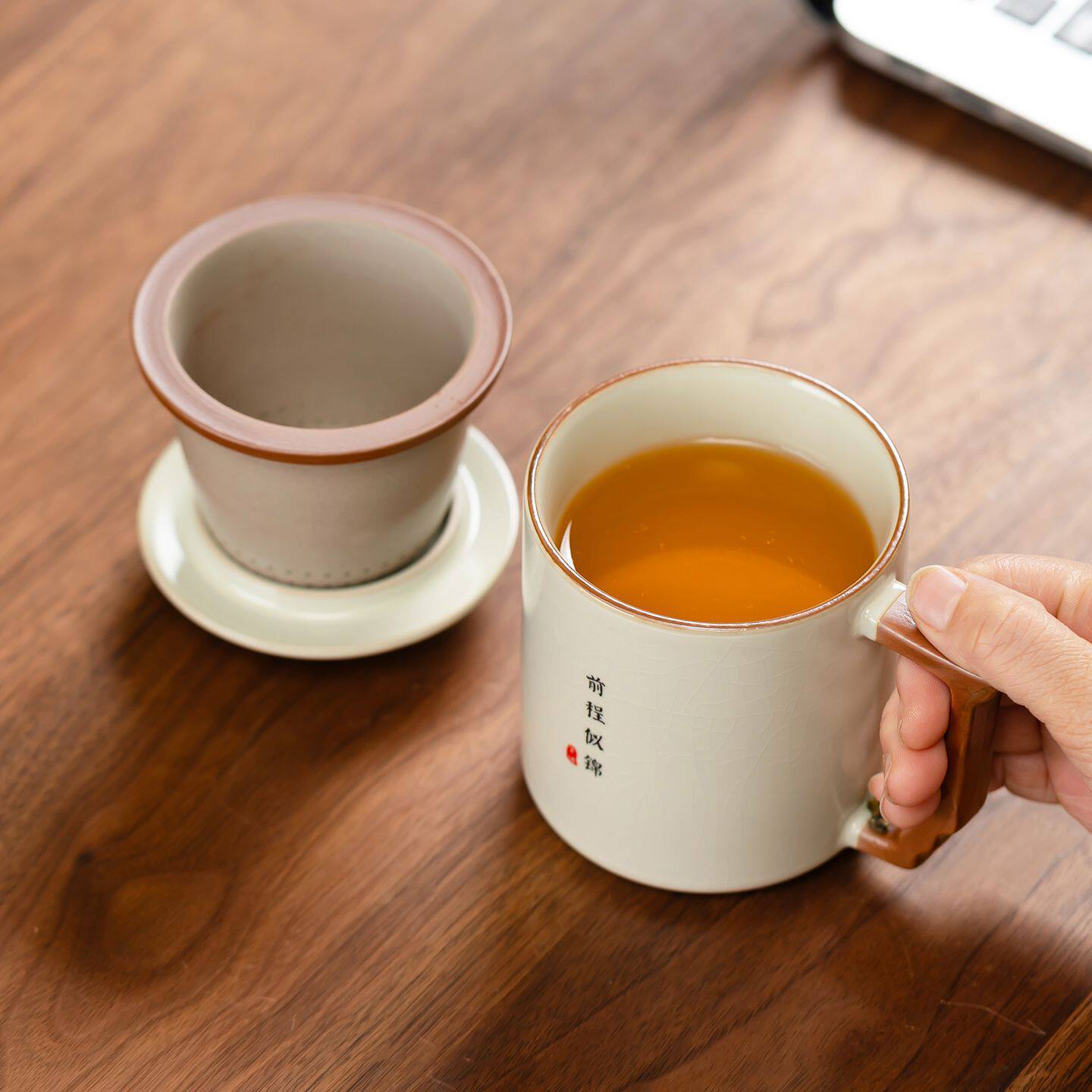 汝窑办公杯茶水分离大容量茶杯带盖陶瓷泡茶水杯公司商务伴手礼