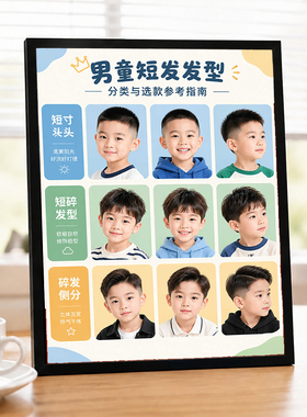 男童短发发型参考带框挂画儿童理发馆墙面装饰选发型指南实用摆件
