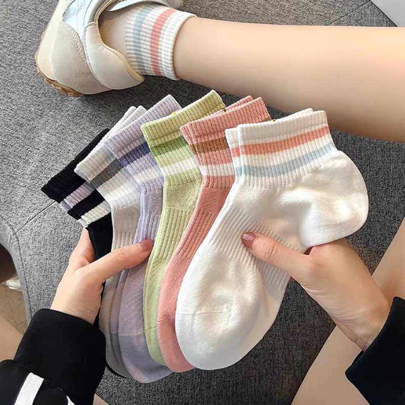 春季女红糖年糕条纹透气短袜