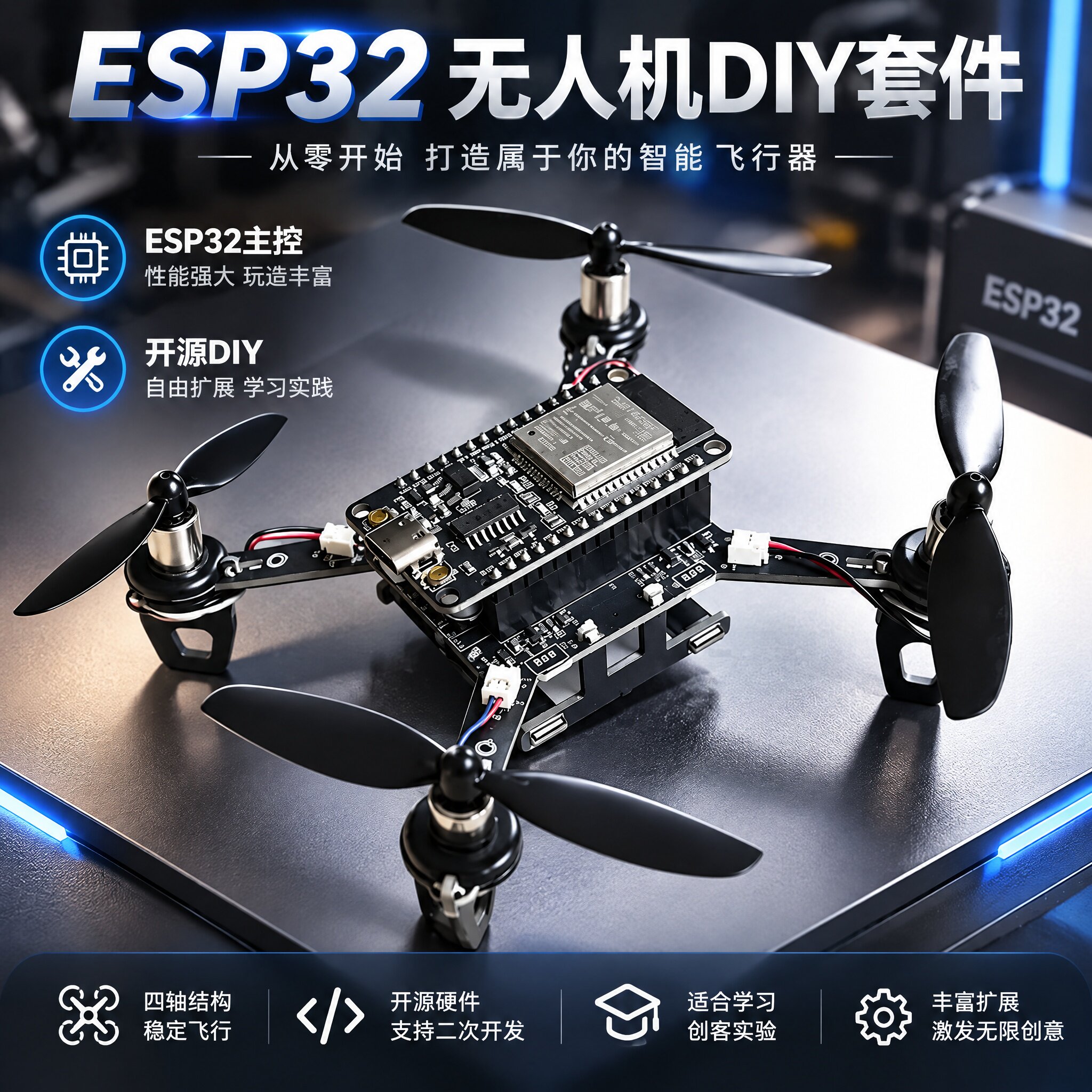 E1开源MINI无人机ESP32自制手搓四轴多旋翼DIY组装套件物料包