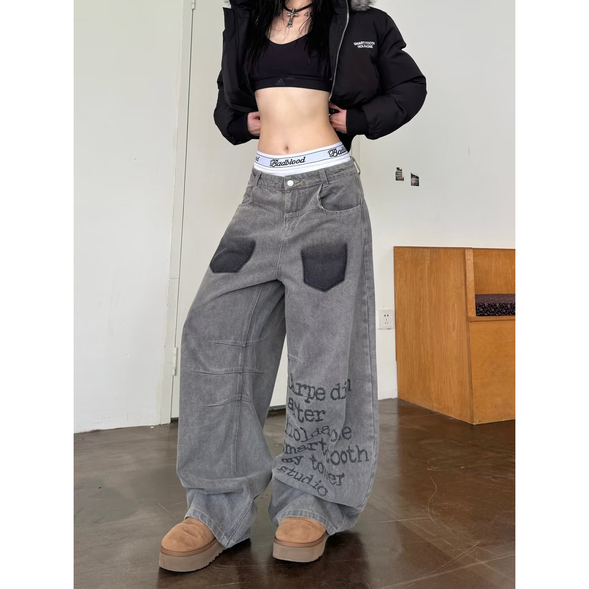美式街头潮牌字母标语印花牛仔裤男女直筒高级感小众显瘦阔腿裤子