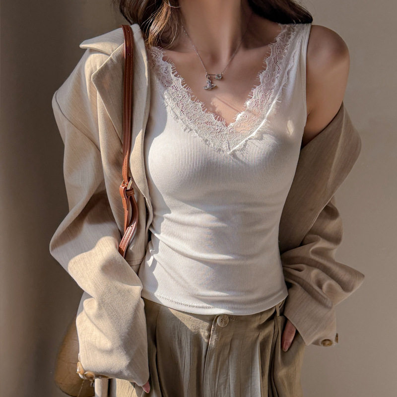 春夏季v领蕾丝拼接女士吊带背心