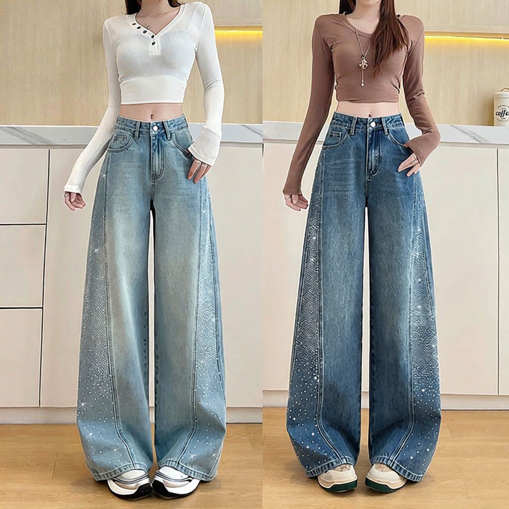 烫钻满天星拼接牛仔女阔腿长裤春