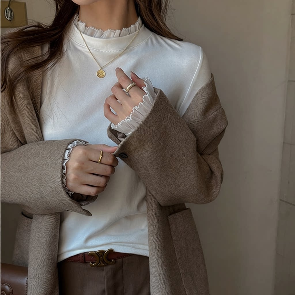 秋冬季莫代尔花边立领长袖t恤女