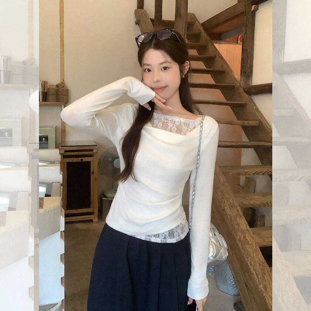 白色荡领蕾丝假两件长袖T恤女装