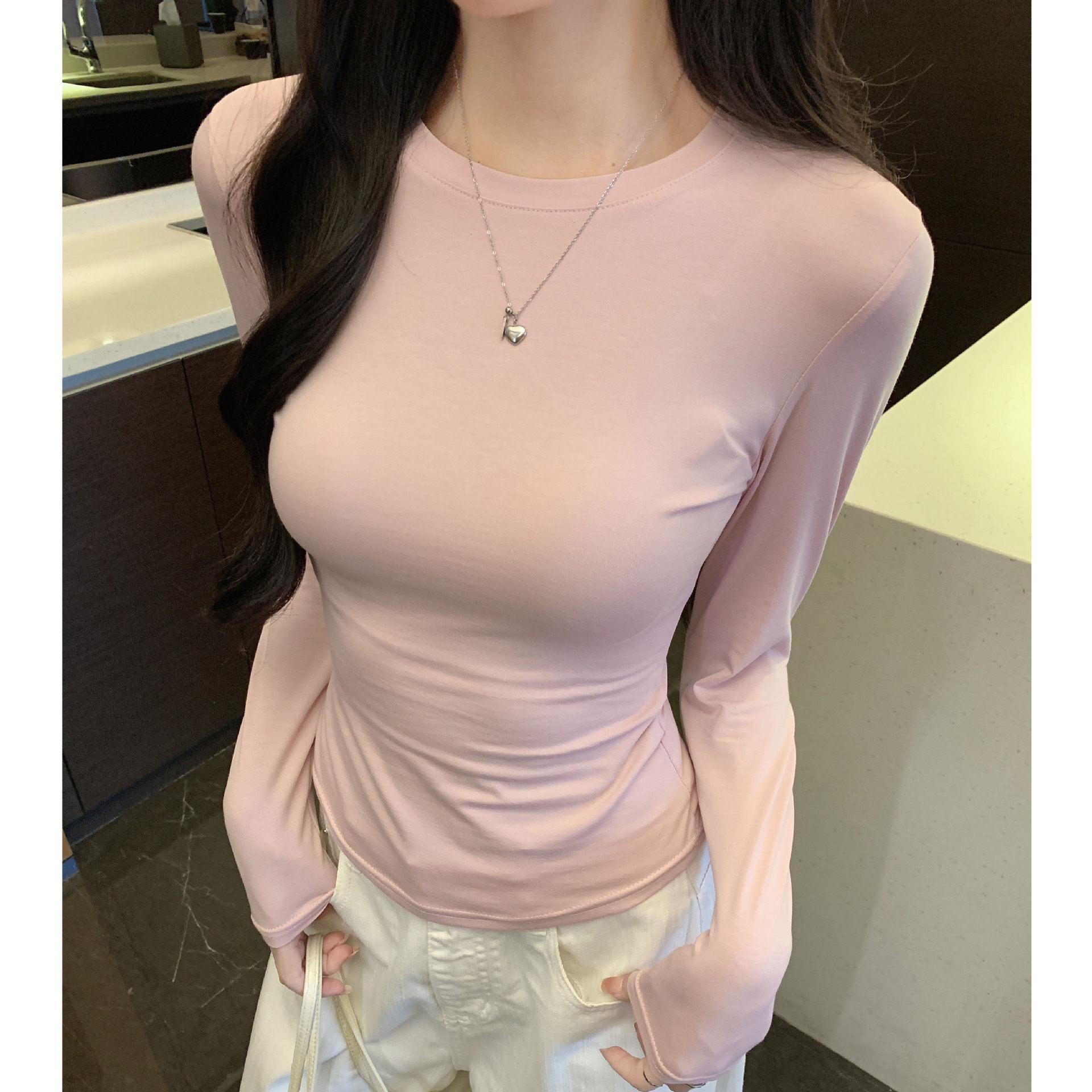 K2961严选圆领打底衫女春秋冬季修身显瘦棉莫代尔打底长袖T恤衫
