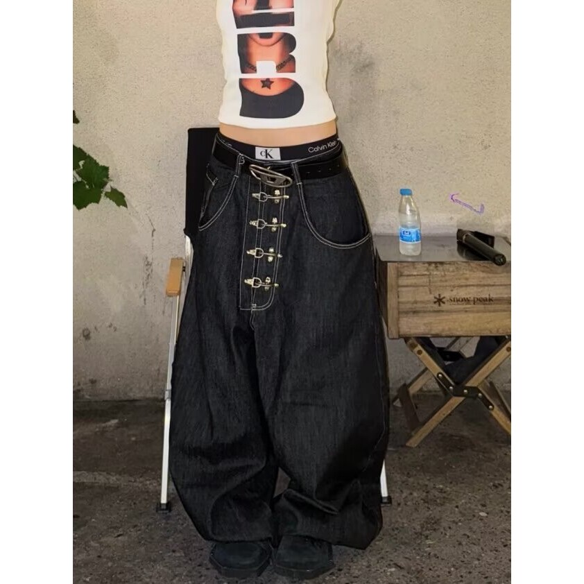 美式复古阔腿牛仔裤女百搭明线异形分割多口袋弯刀廓形拖地裤男女