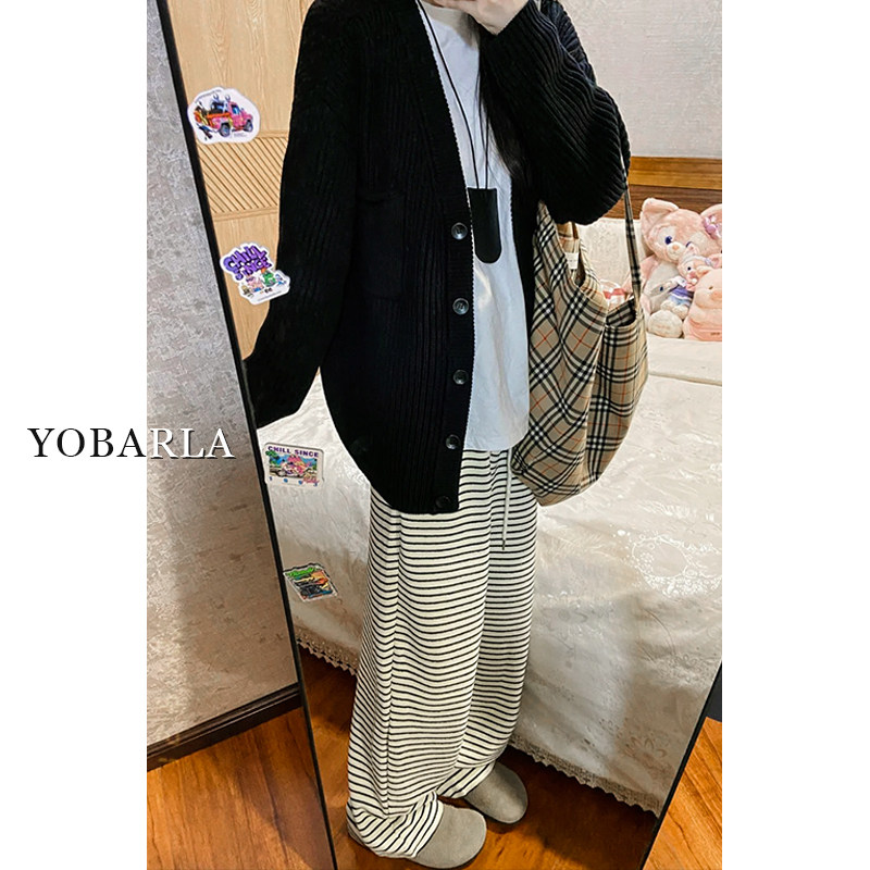条纹阔腿休闲裤女春季新款胖
