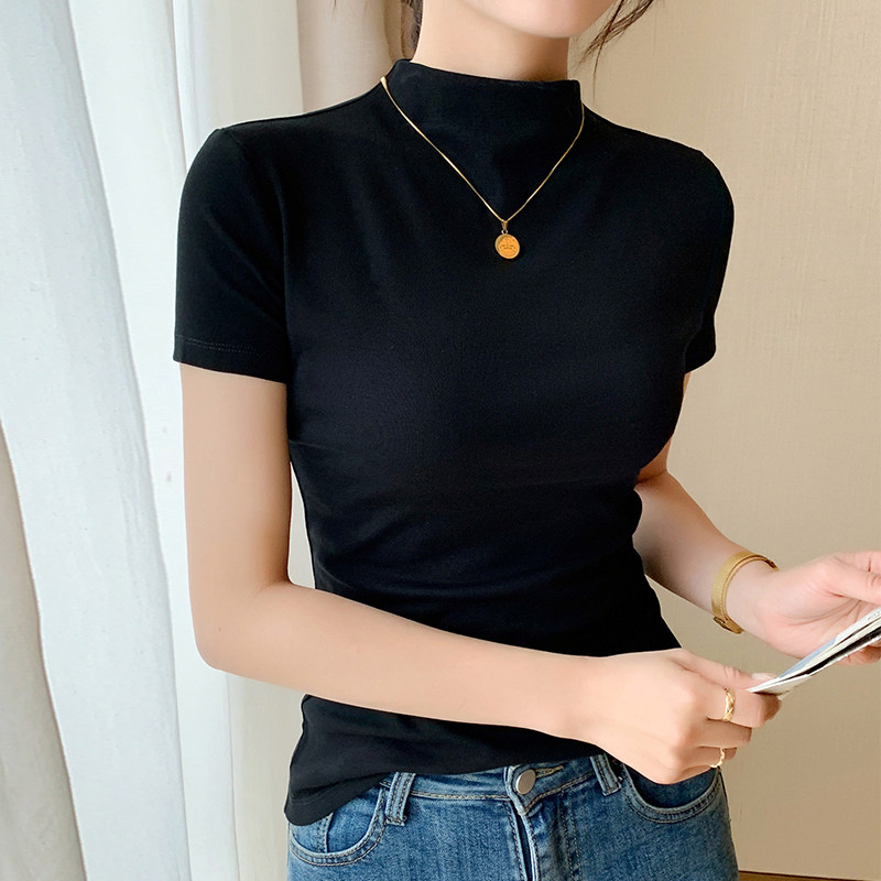 黑色半高领短袖T恤女2026
