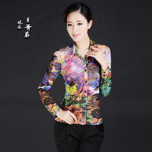 美哥弟妮亚2021春装新款长袖印花衬衣修身显瘦优雅网纱妈妈装衬衫