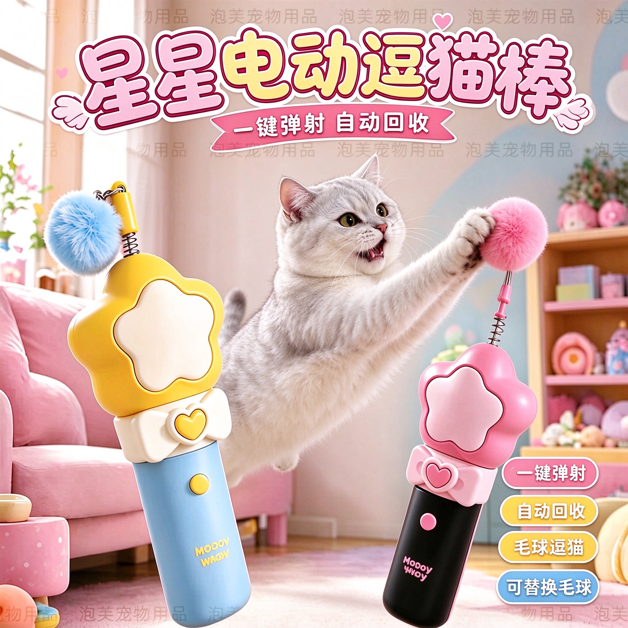 猫咪电动逗猫棒自动弹射钓猫器宠物玩具猫毛球枪自嗨解闷互动游戏