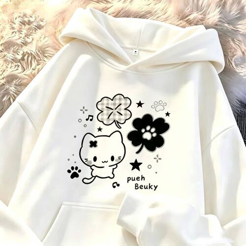 男女童秋冬日系猫咪连帽卫衣中大童可爱初中生慵懒风加绒帽衫上衣