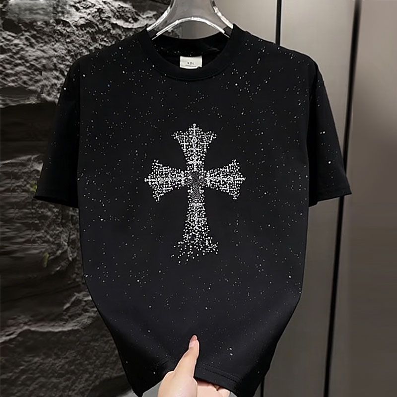 夏天短袖t恤中大童黑色满天星半袖美式潮牌亮片轻奢痞帅高级衣服