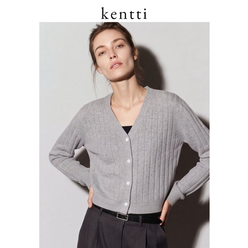 【自营】Kentti显瘦气质浅灰色针织开衫女装秋季轻奢纯山羊绒外套