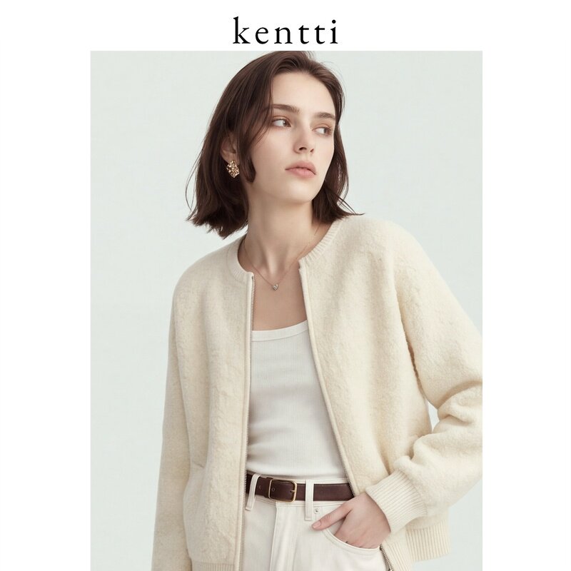 【自营】Kentti白色毛衣女秋季新款100%纯羊毛外套轻奢风针织开衫