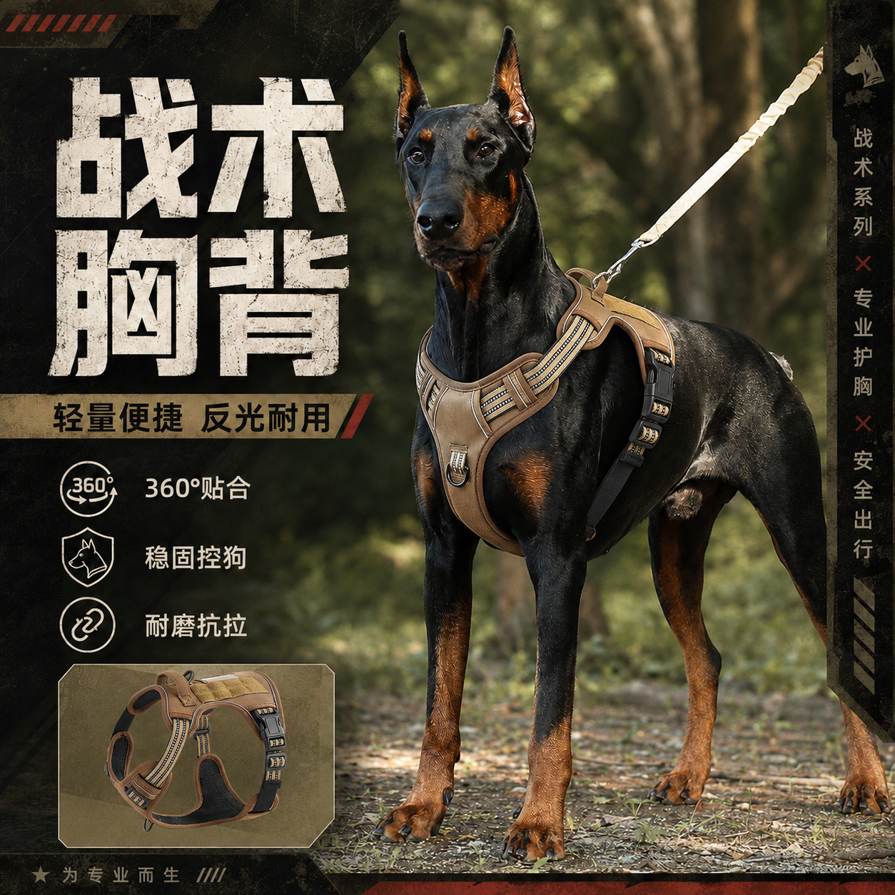 战术胸背狗牵引绳杜宾犬大型犬轻量反光耐磨户外运动宠物用品