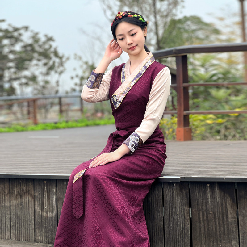 新款服装女藏袍长袖西藏连衣裙藏服民族风锅庄裙花边藏式博拉裙