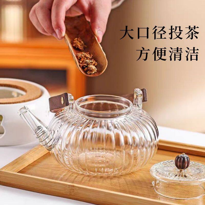 批发玻璃泡茶壶家用玻璃花茶壶一件代发条纹煮茶壶明火加热南瓜壶