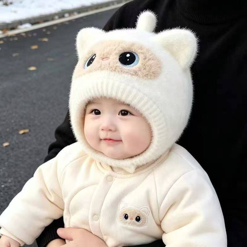 新款猫咪婴幼儿帽子秋冬季可爱男女宝宝护耳帽针织帽舒适加厚保暖