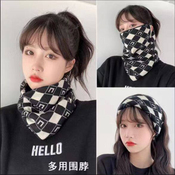 秋冬多功能搭保暖挂耳百防寒骑行韩版百菱形女围脖跨境搭脖套字母