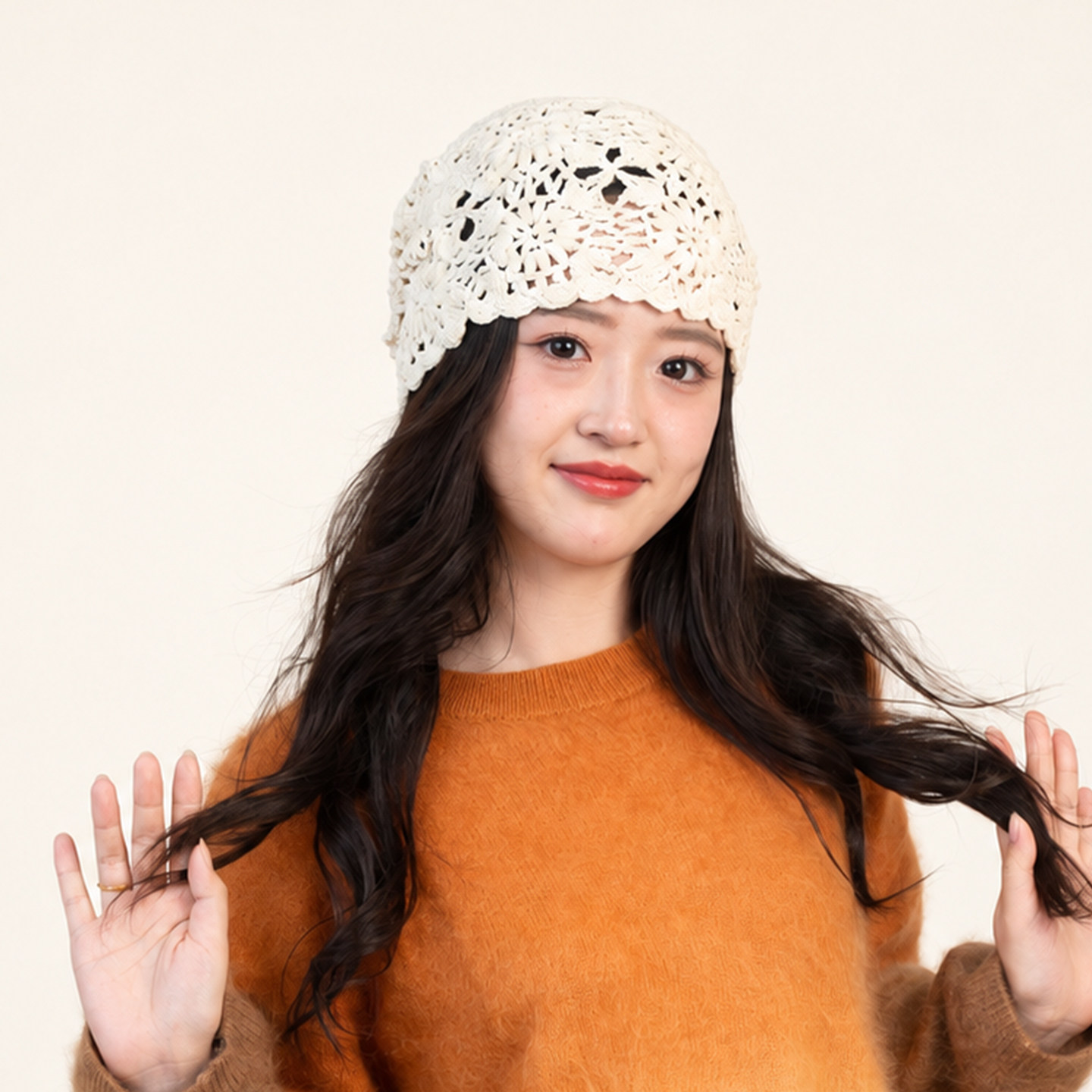 明星同款手工针织毛线帽子女镂空款包头帽堆堆帽秋季大头围显脸小