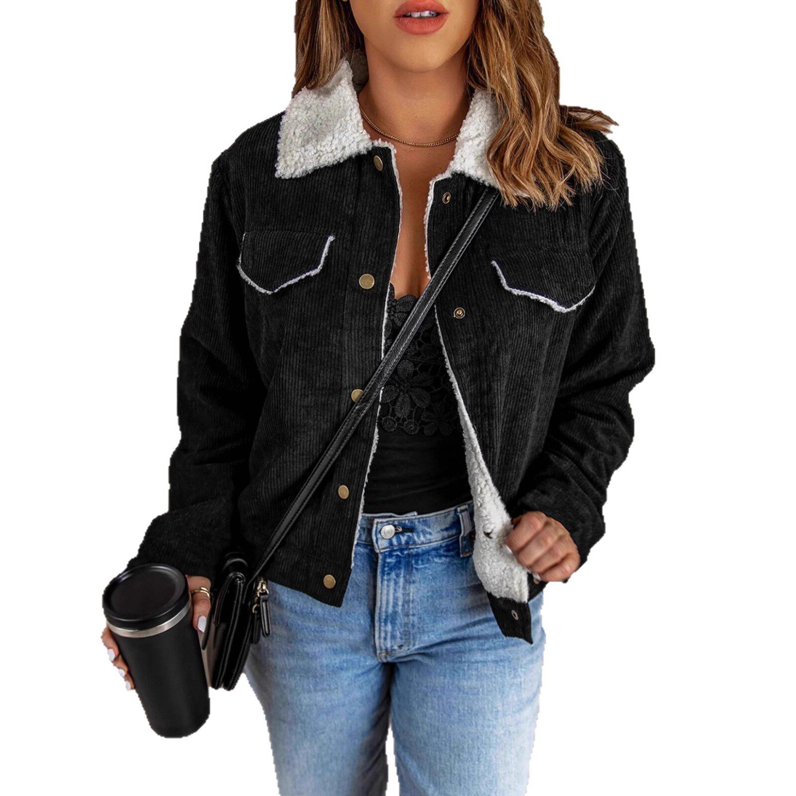现货欧美跨境女装复古加厚宽松休闲保暖灯芯绒羊羔毛外套夹克棉服