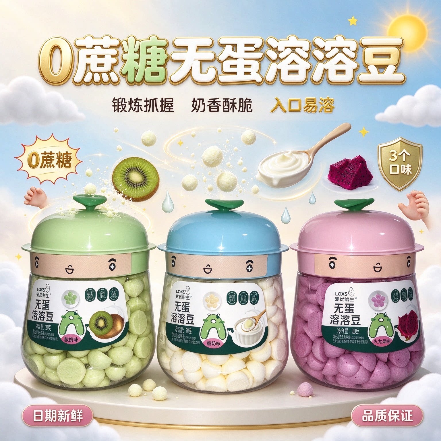 爱优新生无蛋溶溶豆0蔗糖酸奶猕猴桃火龙果入口易溶0蔗糖宝宝零食