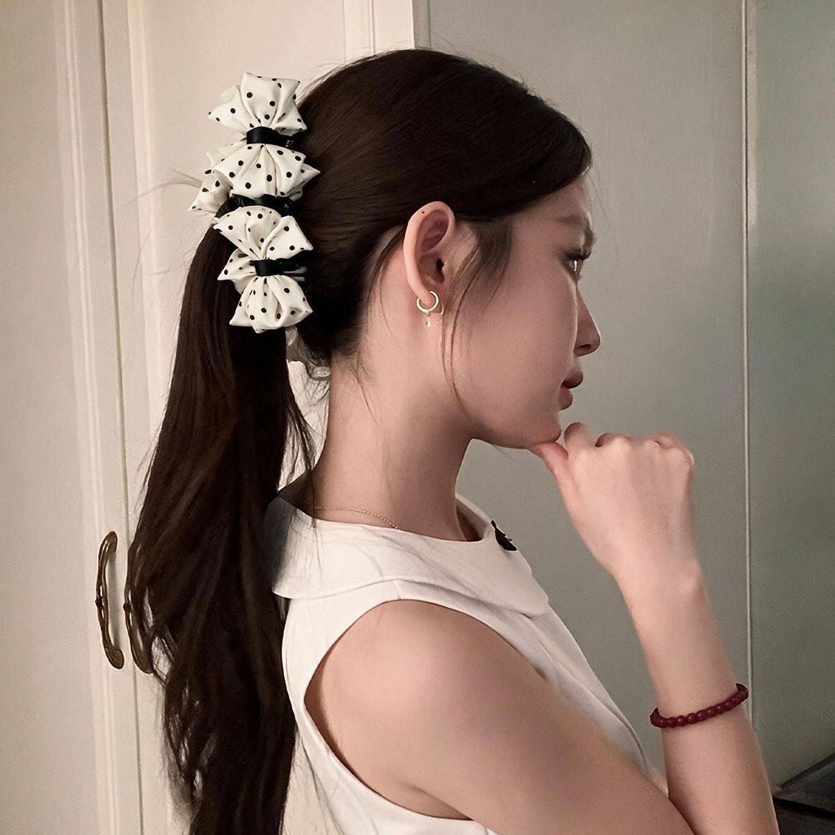 复古甜妹波点双蝴蝶结香蕉夹