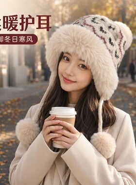 冬季女加厚保暖护耳毛绒针织帽