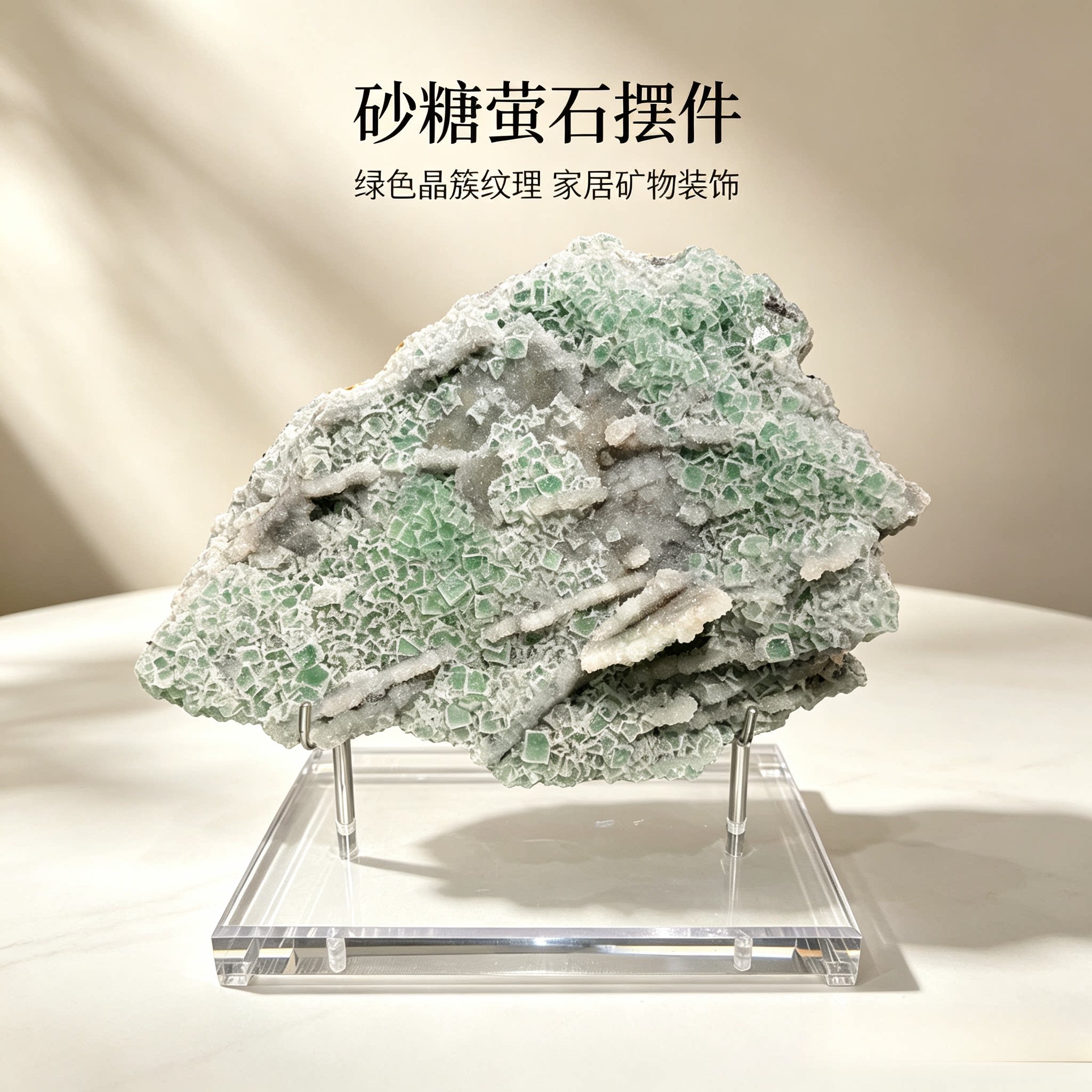 天然砂糖萤石晶簇摆件 透明底座家居客厅玄关样板间装饰收藏石