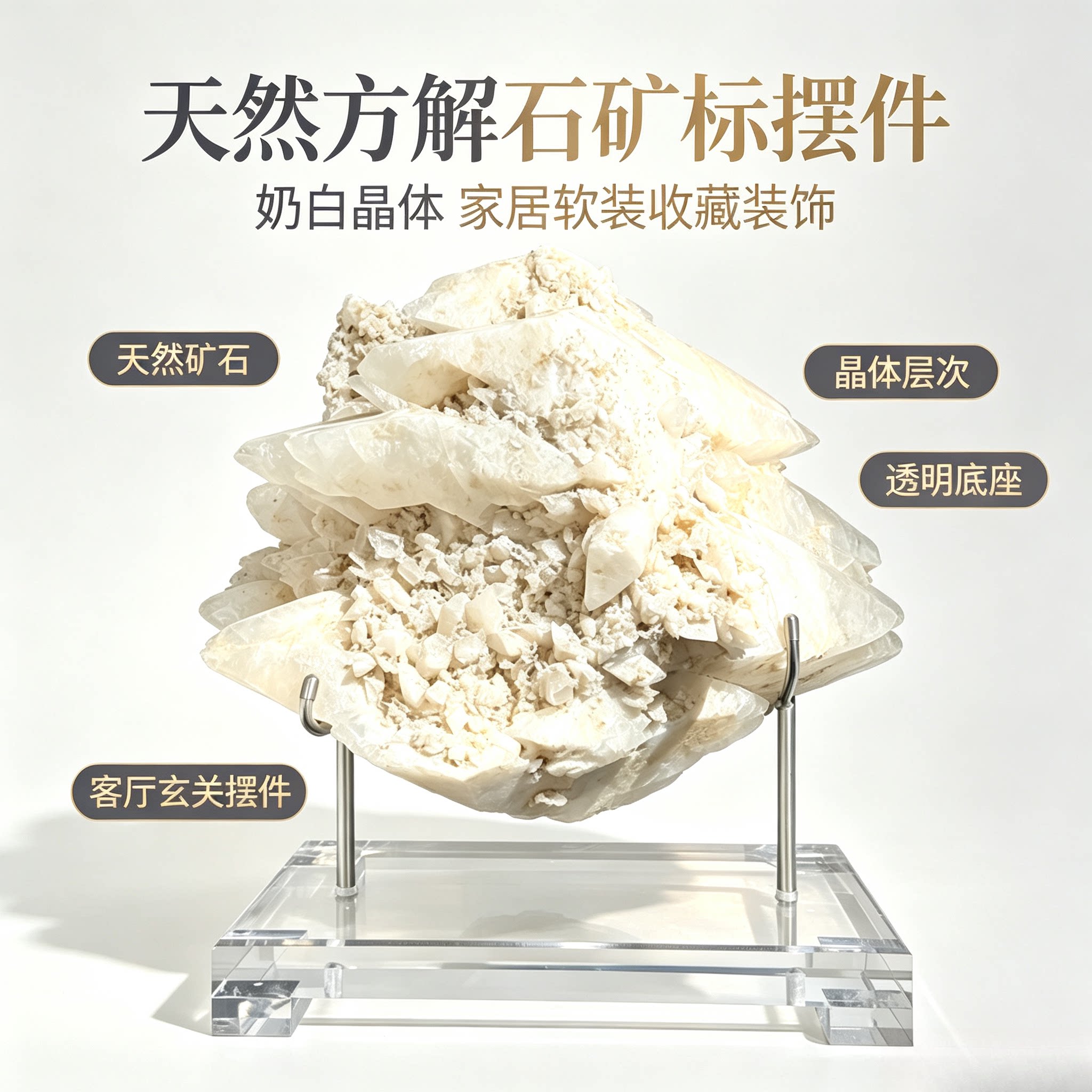轻奢高级方解石矿标 天然白晶体原石 书房桌面收藏家居氛围感装饰