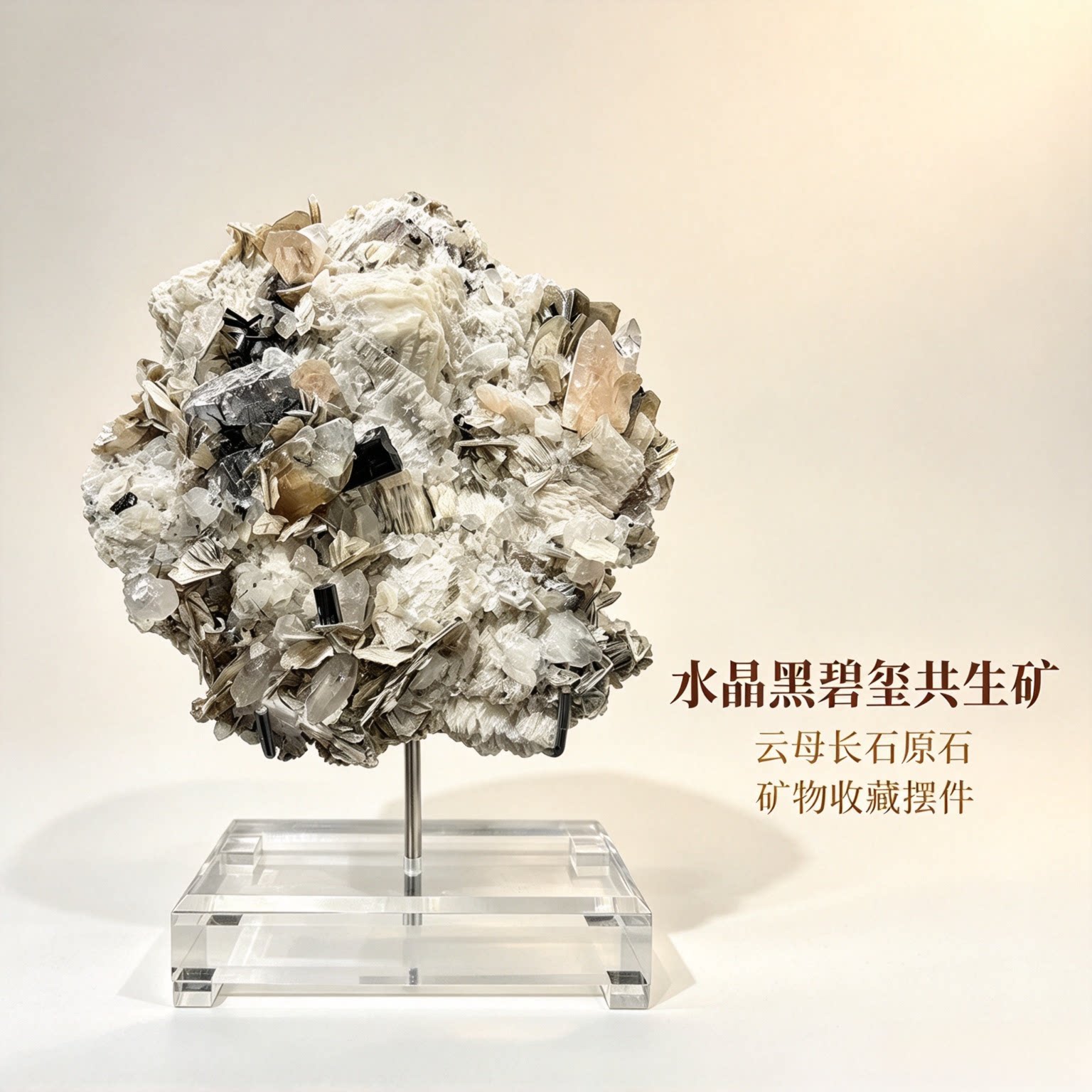 天然水晶黑碧玺云母长石共生原矿石摆件 家居收藏摆件