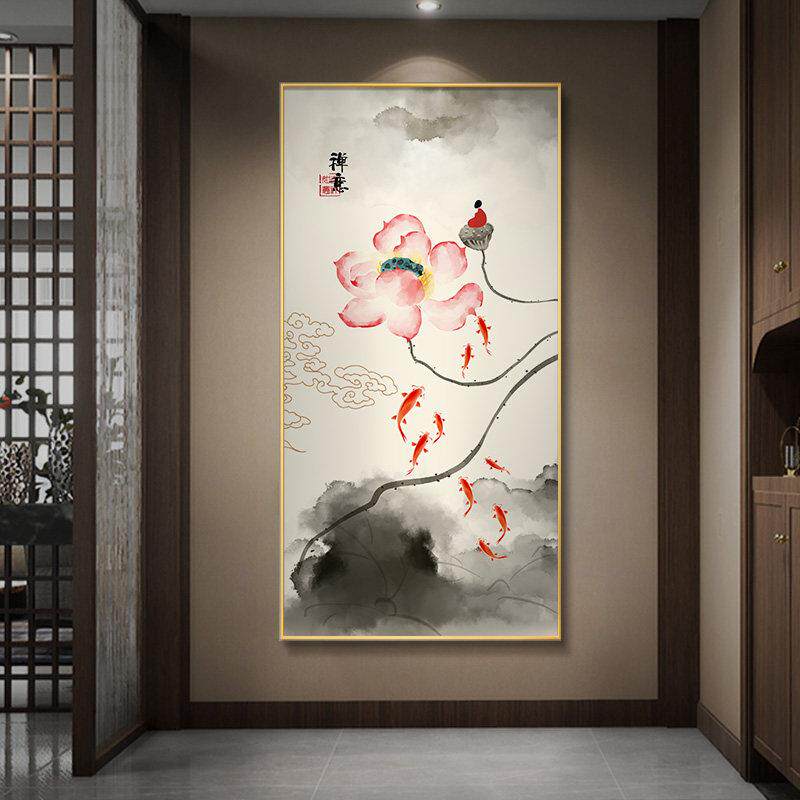 九鱼图玄关装饰画新中式走廊过道禅意水墨画入户正对门荷花墙壁画