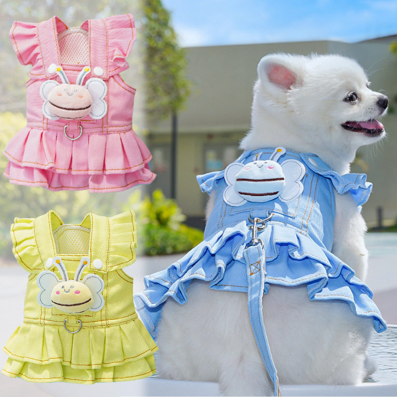 可牵引牛仔背带裙狗狗衣服猫咪连衣裙子泰迪宠物柯基猫用品狗衣服