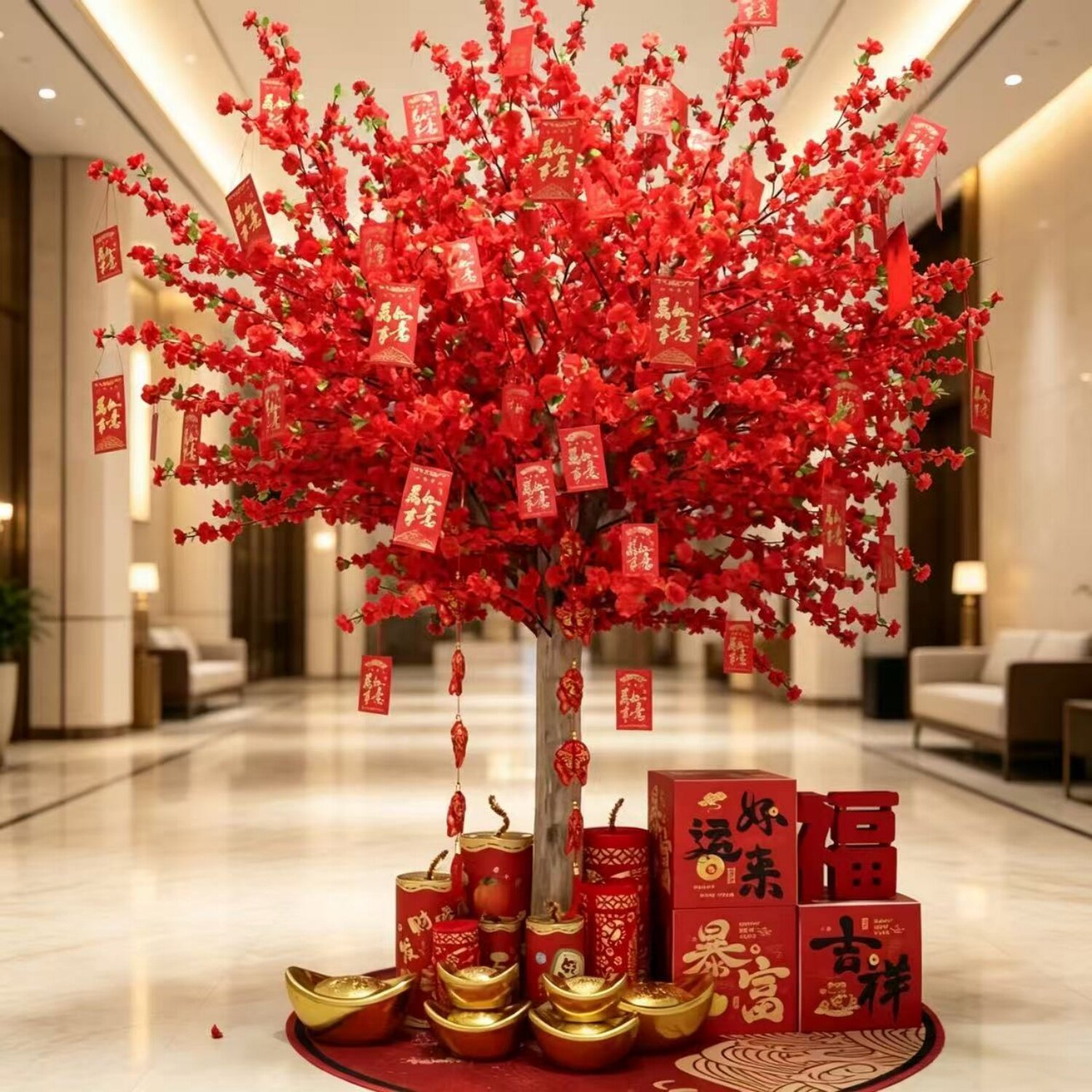 仿真红桃花树大型室内假桃花树商场装饰树婚庆新年祈福红包许愿树