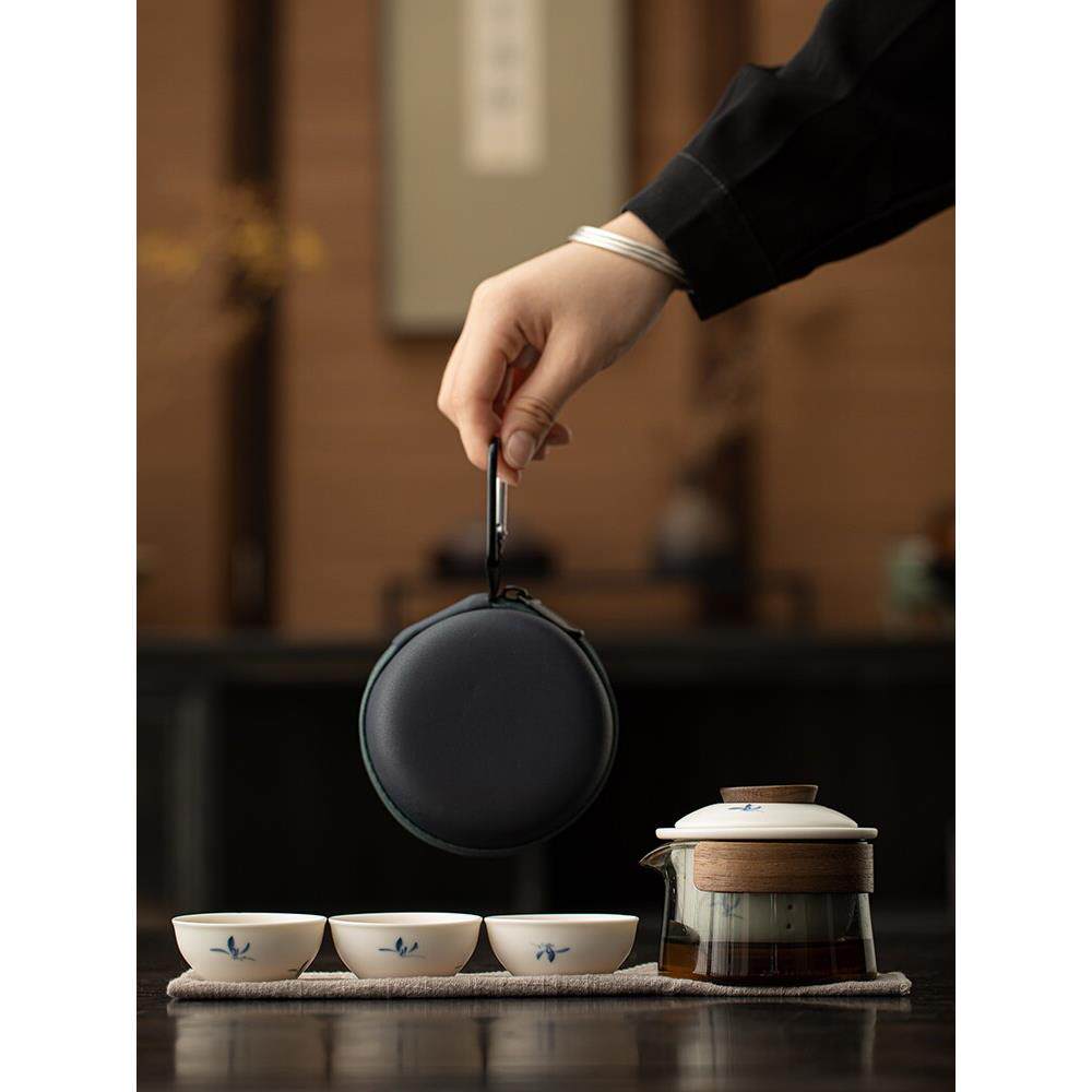 古与茶手绘兰花陶瓷旅行茶具套装便携式户外玻璃茶壶快客杯泡茶壶