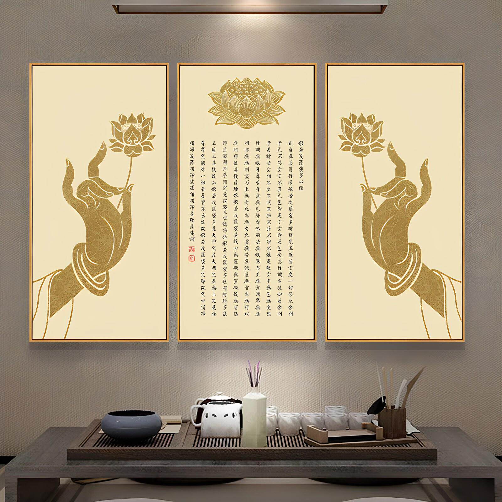 佛系挂画仙家堂口佛龛背景墙画客厅字画佛手墙壁画莲花心经装饰画